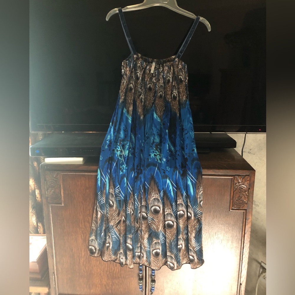 Sundress peacock feather print ties with beads stretchy bodice velvet straps